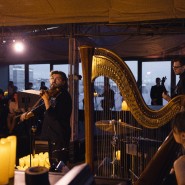 Музыка Ханса Циммера в струнном звучании камерного оркестра с арфой на панорамной теплой крыше фотографии